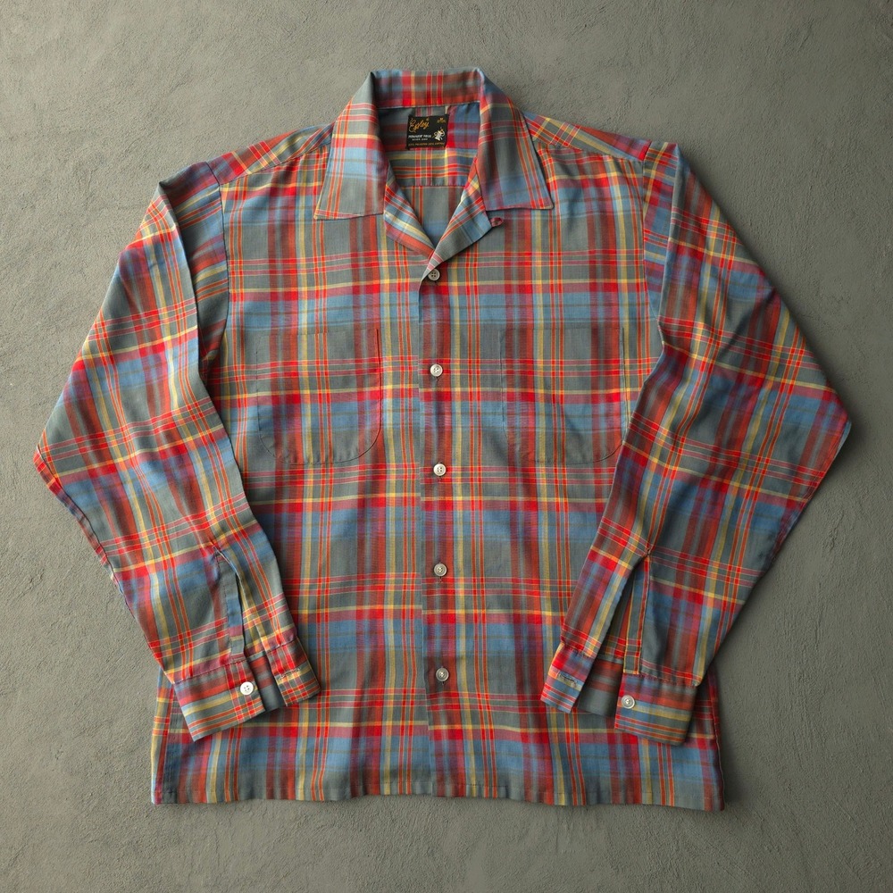 Vintage 1960s Essley Blue Red Plaid Long Sleeve Camp Shirt Size M Pocket